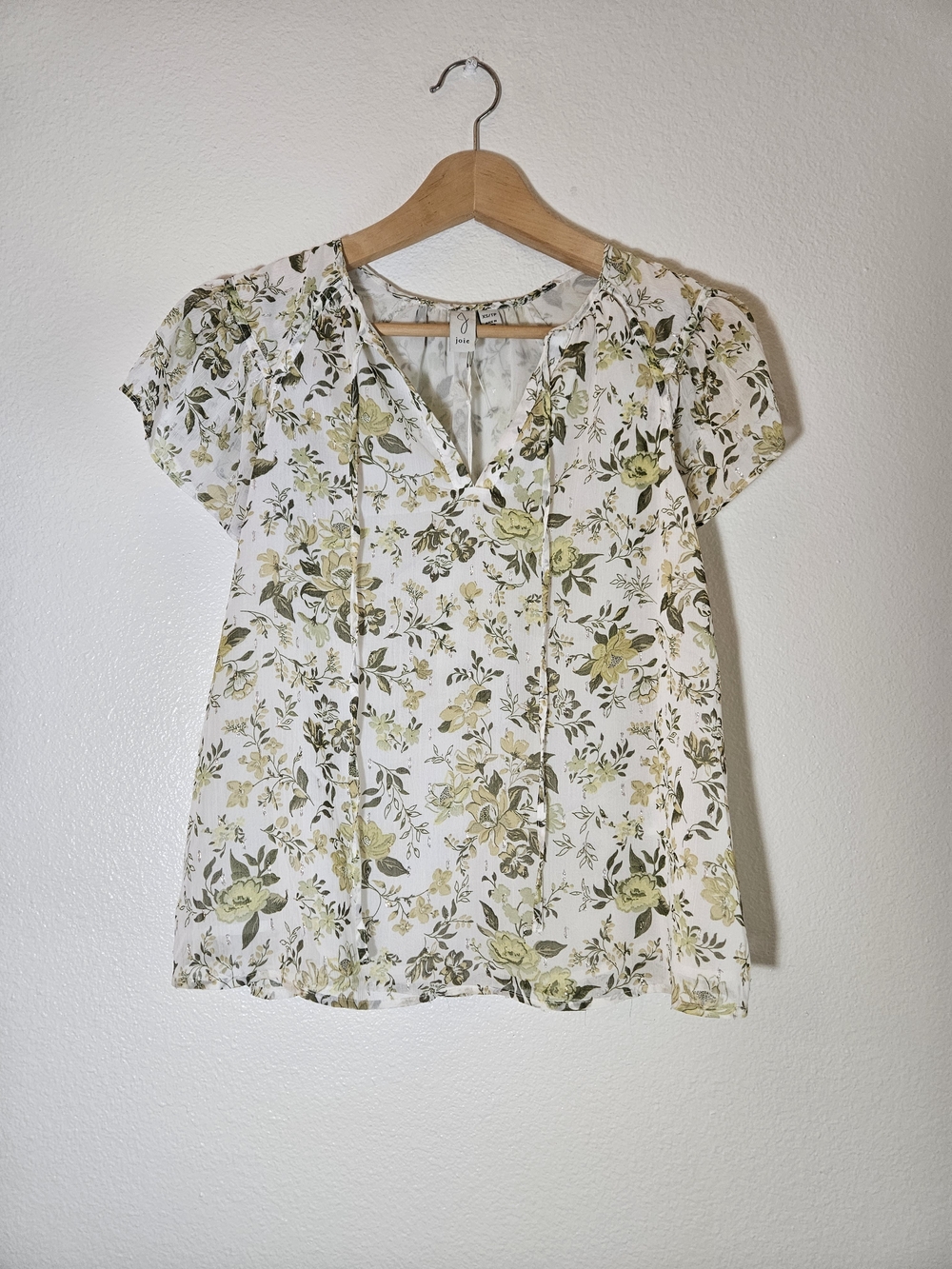 Joie White Floral V-Neck Short Sleeve Lined Blouse